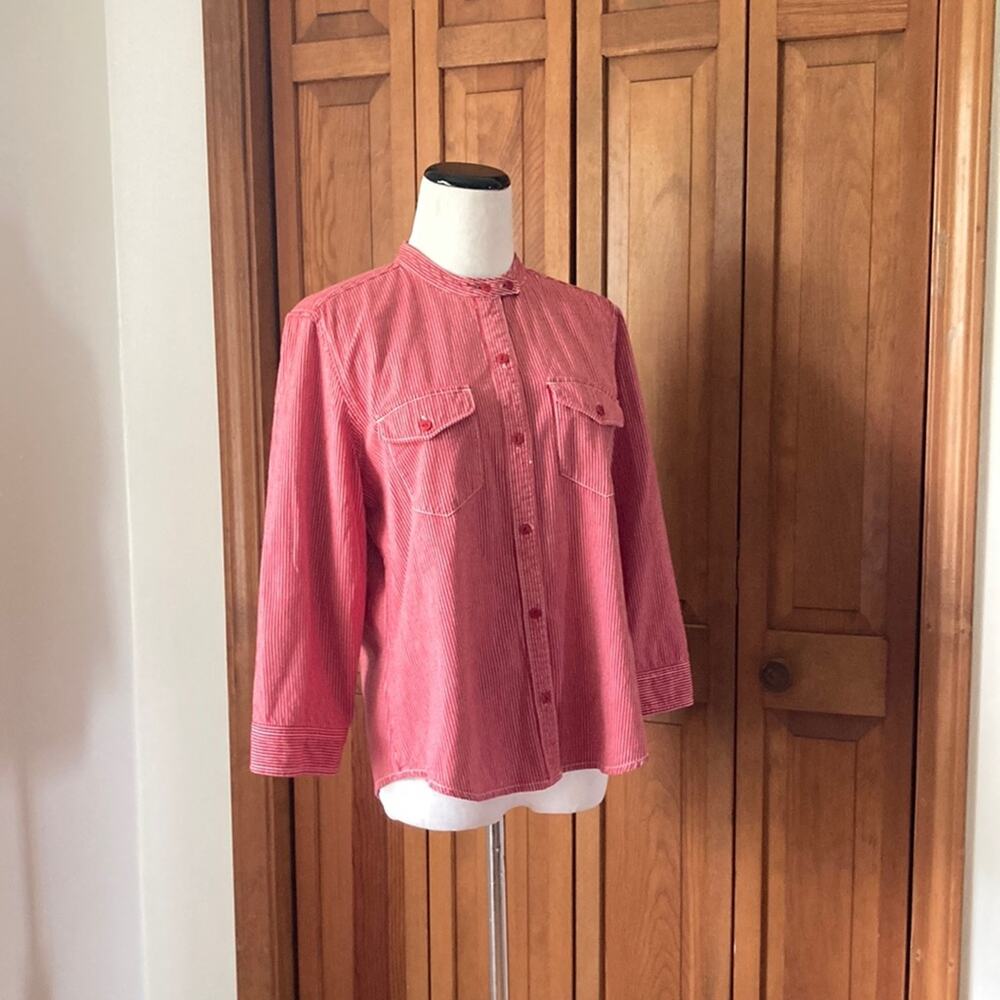 American Eagle Outfitters Red Striped 3/4 Sleeve Buttondown Shirt, Size L